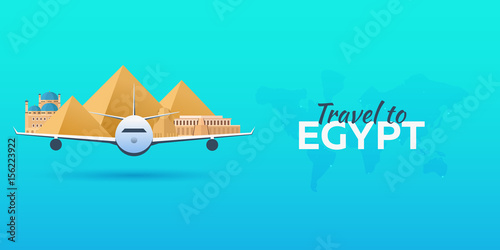 Travel to Egypt. Airplane with Attractions. Travel vector banners. Flat style.