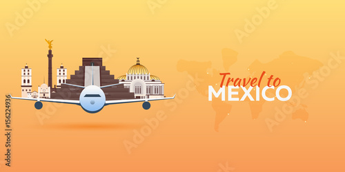 Travel to .Mexico Airplane with Attractions. Travel vector banners. Flat style.