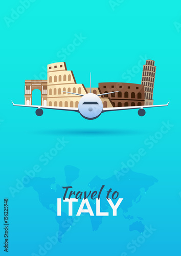 Travel to Italy. Airplane with Attractions. Travel vector banners. Flat style.