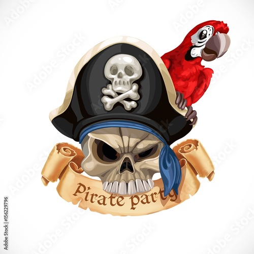 Emblem for pirate party with a skull wearing in hat and with red parrot isolated on a white background