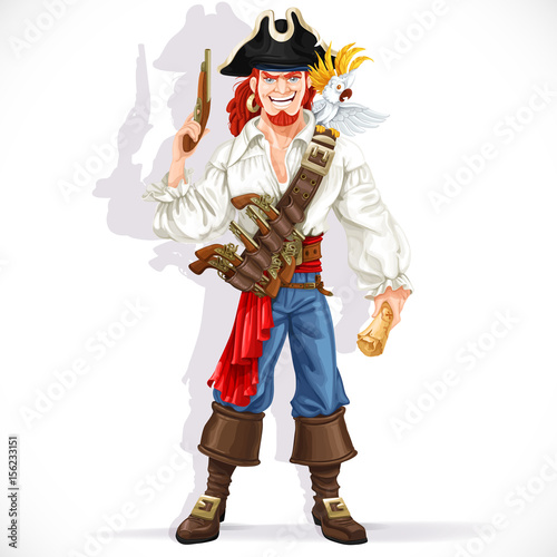 Brave pirate with pistol hold pirate treasure map isolated on a white background
