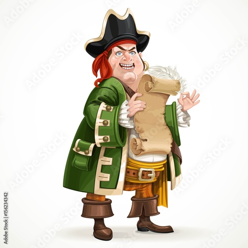 Cute old pirate wearing a camisole holding a shabby parchment an