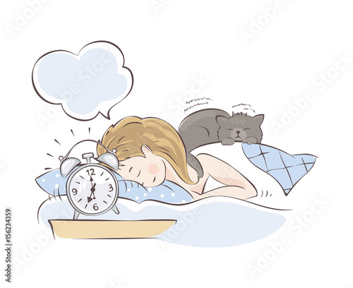 Alarm clock call in the morning / Girl sleeping with cat on the bed, vector illustration