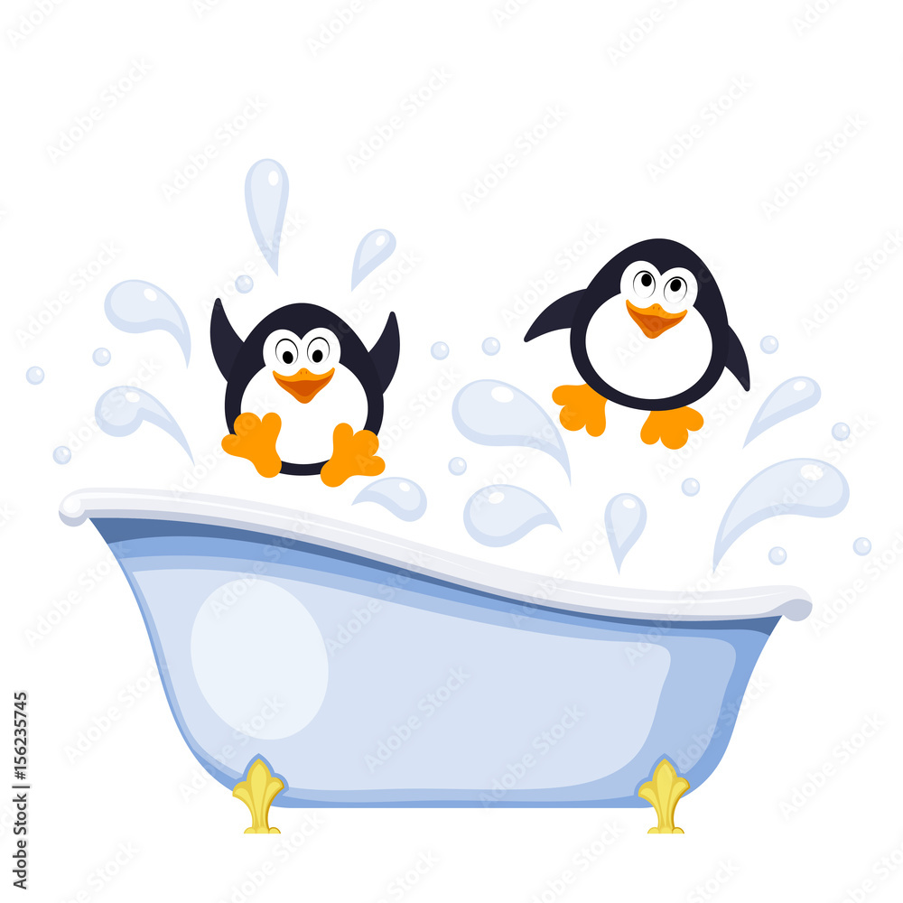 Obraz premium Two small penguins bathe in the tub. Abstract colored cartoon style penguins having fun while bathing in the tub. Vector illustration