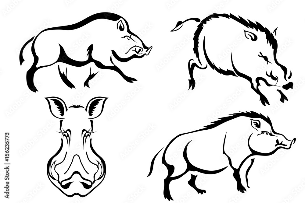 Set of black vector images of wild boars. Abstract drawings of wild boars in different poses. Vector illustration