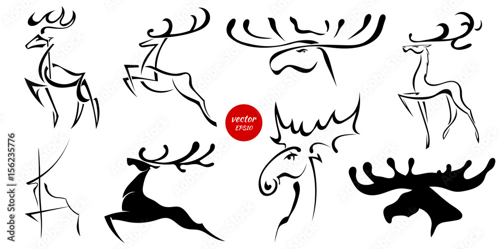 Naklejka premium Set of black images of moose and deer. Abstract drawings of animals on a white background. Vector illustration