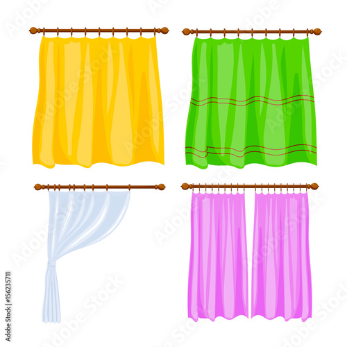 A set of cardboard colored image of window curtains on a white background. Simple blind, an element of decor. Vector illustration