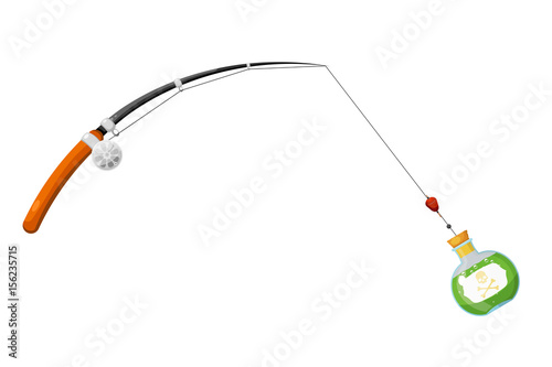 Abstract image of a fishing rod and a bottle with poison. Concept. Cartoon style. Vector illustration
