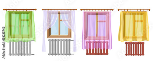 A set of cartoon colored image of window curtains and radiators on a white background. Element of decor. Vector illustration