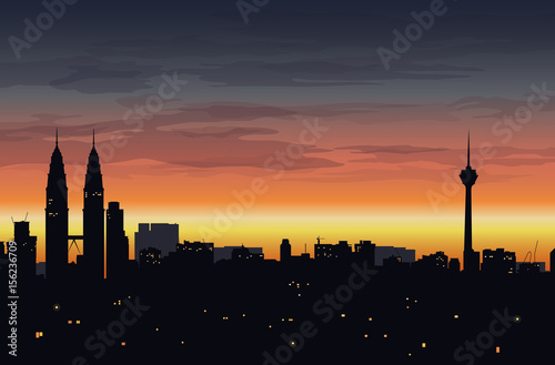 Landscape with silhouette of big city buildings and sunset sky in the background - vector illustration