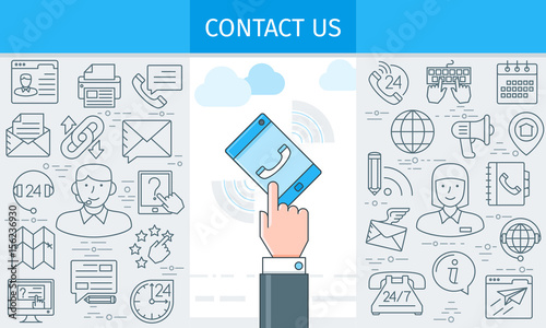 Contact us banner. Design template with flat line icons on theme customer service and support. Caller mobile phone. Vector illustration