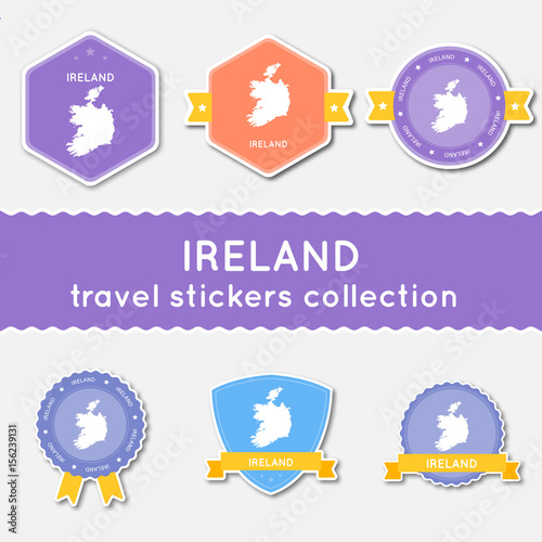 Ireland travel stickers collection. Big set of stickers with country map and name. Flat material style badges vector illustration.