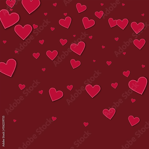 Red stitched paper hearts. Top gradient on wine red background. Vector illustration.