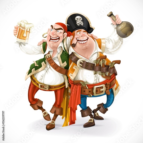 Two drunk pirates are drinking holding each other isolated on wh