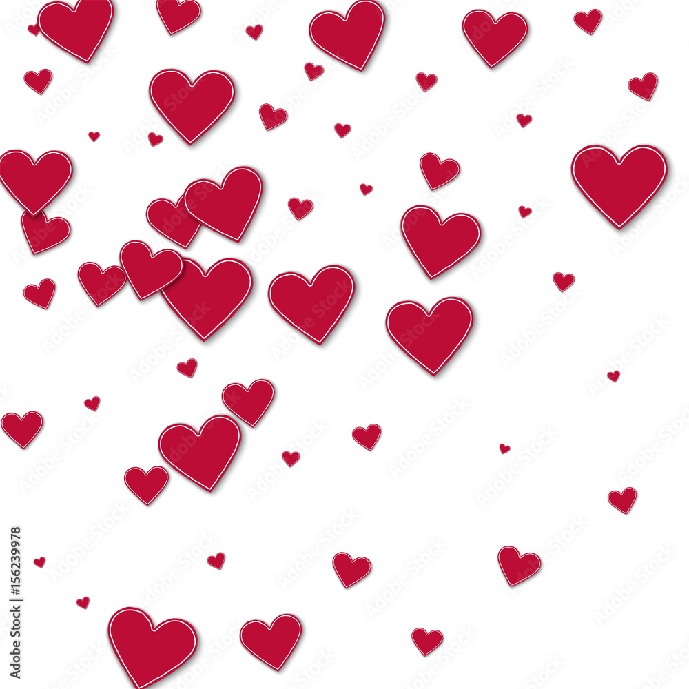 Cutout red paper hearts. Abstract scatter on white background. Vector illustration.