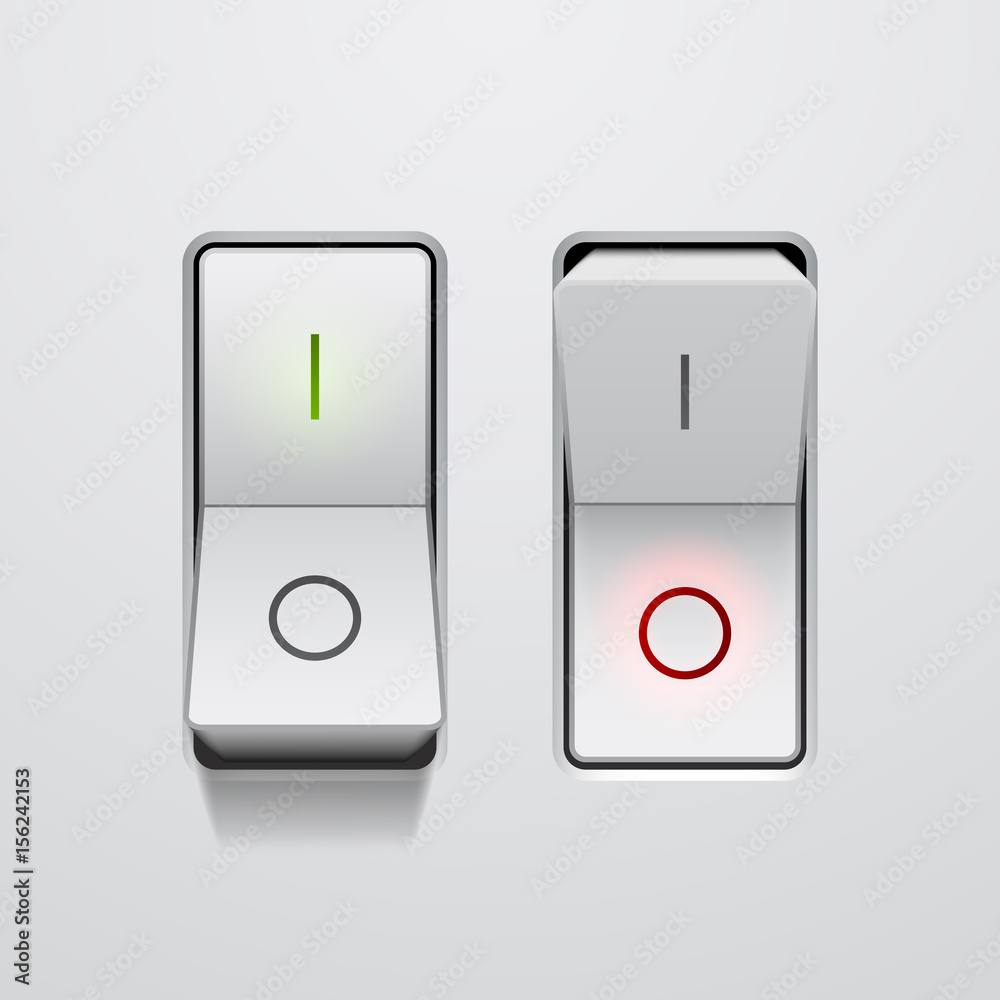 Set of realistic toggle switches in on and off positions, vector button illustration Set of realistic toggle switches in on and off positions, vector button illustration