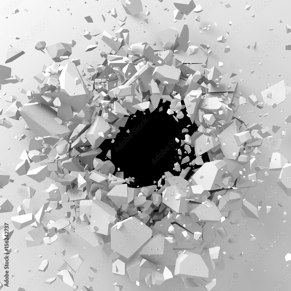 Fototapeta Eksplozja złamana biała ściana z pękniętym otworem. Abstrakcyjne tło
