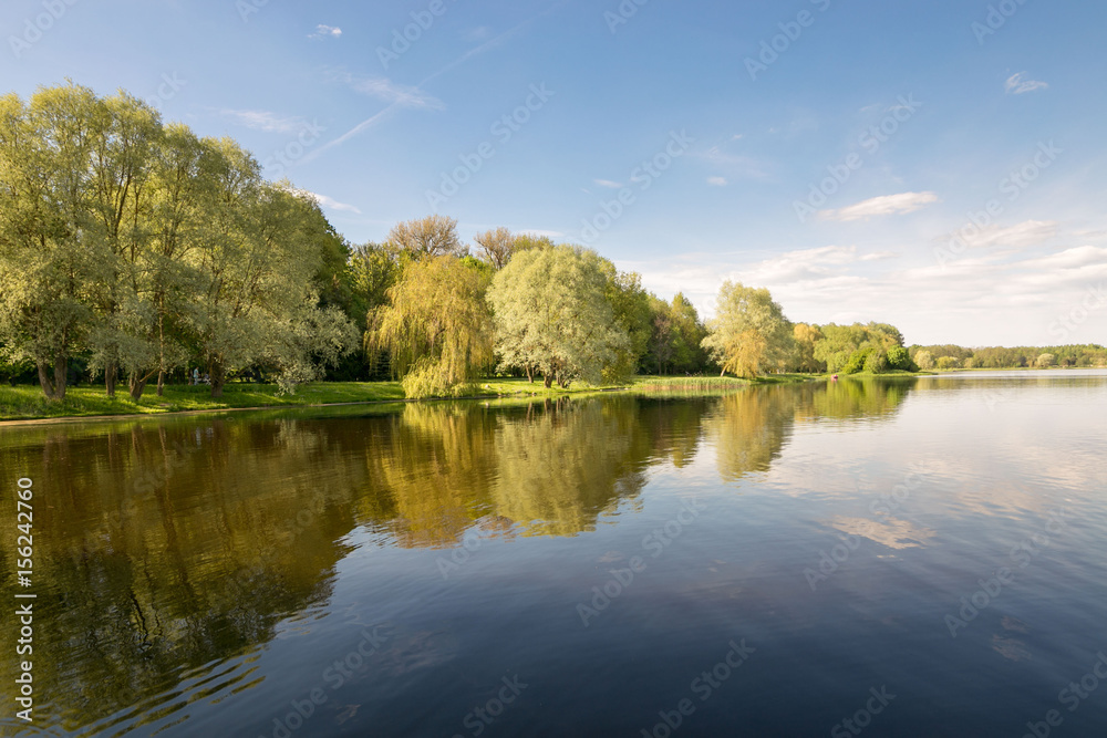 Beautiful spring landscape, evening at the lake