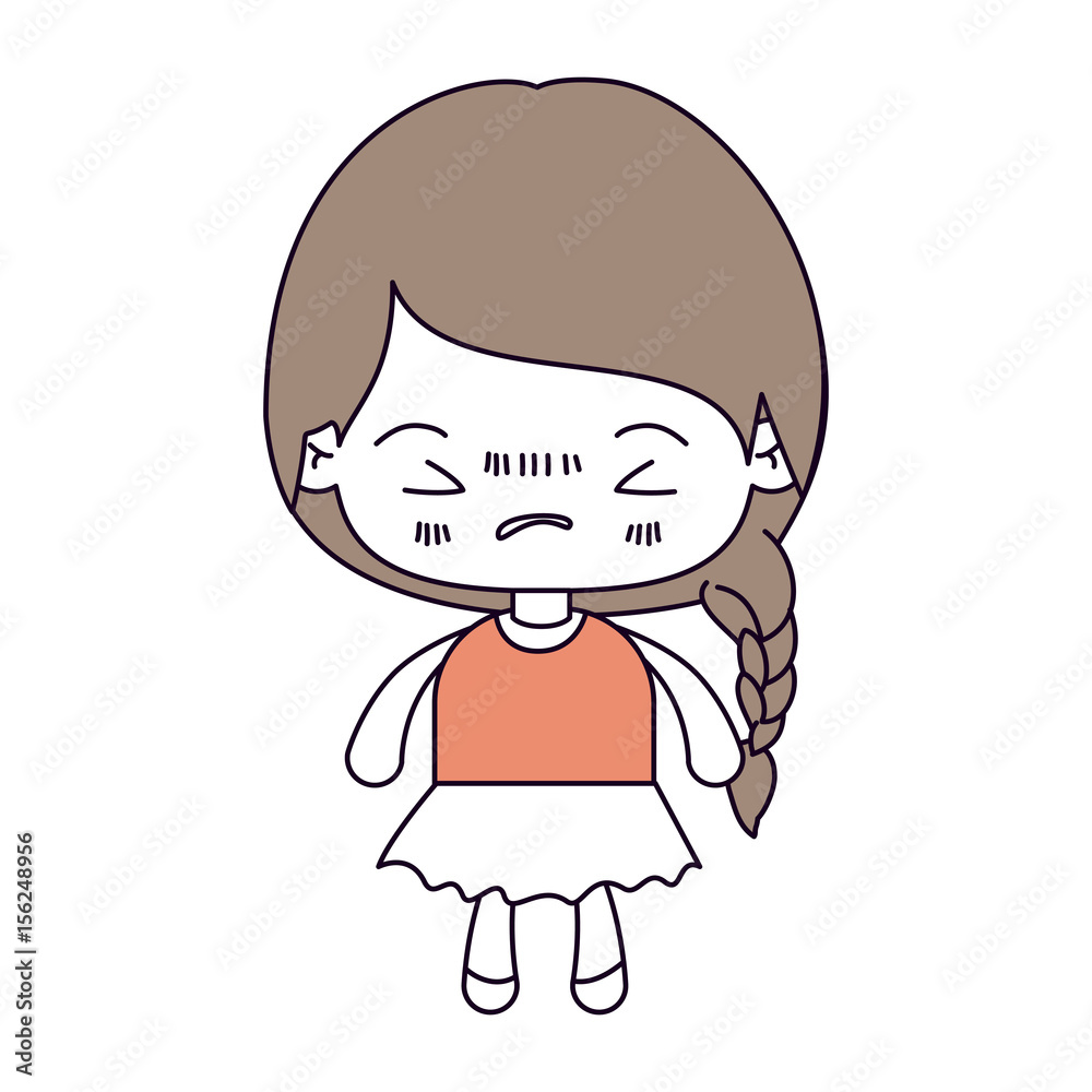 Obraz premium silhouette color sections and light brown hair of kawaii little girl with braided hair and facial expression angry with closed eyes vector illustration