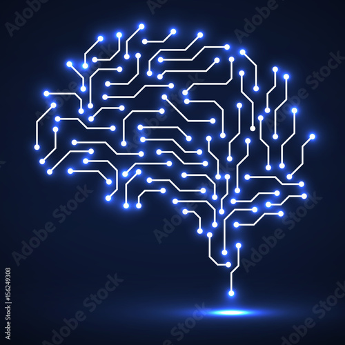 Technological neon brain. Circuit board. Abstract vector background
