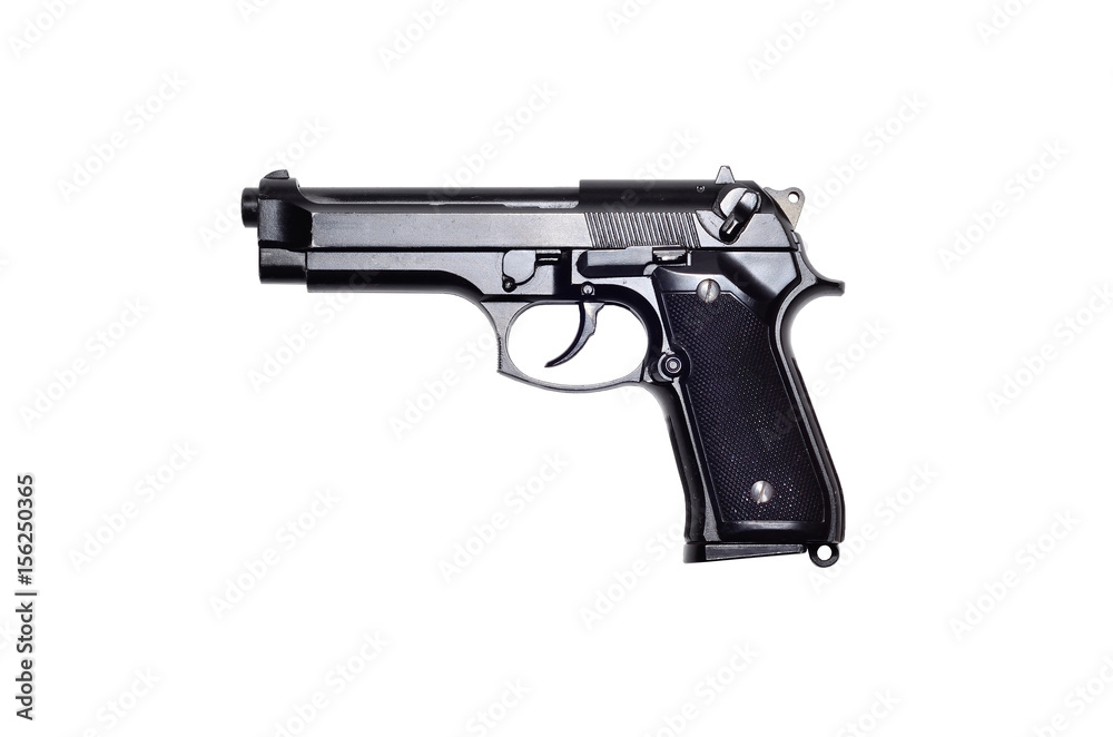 Used black metal 9mm pistol gun on white background