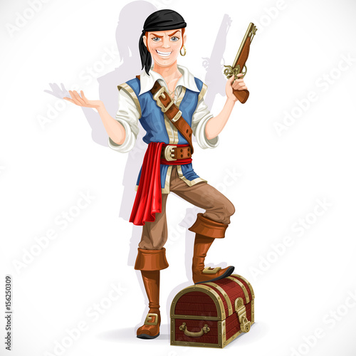 Cute pirate with pistol and chest isolated on a white background