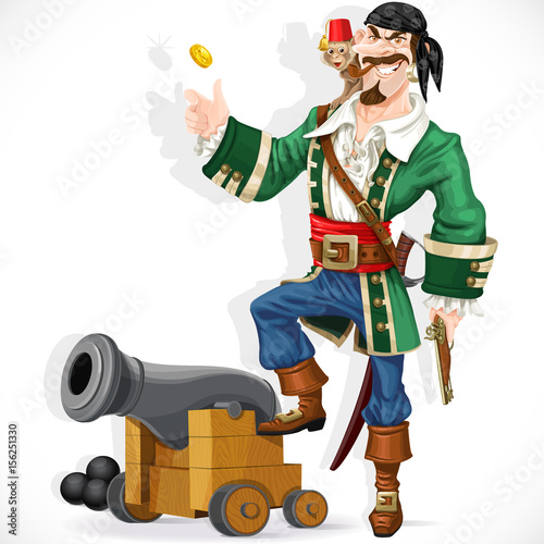 Cute pirate with monkey throw up golden coin stand  on cannon