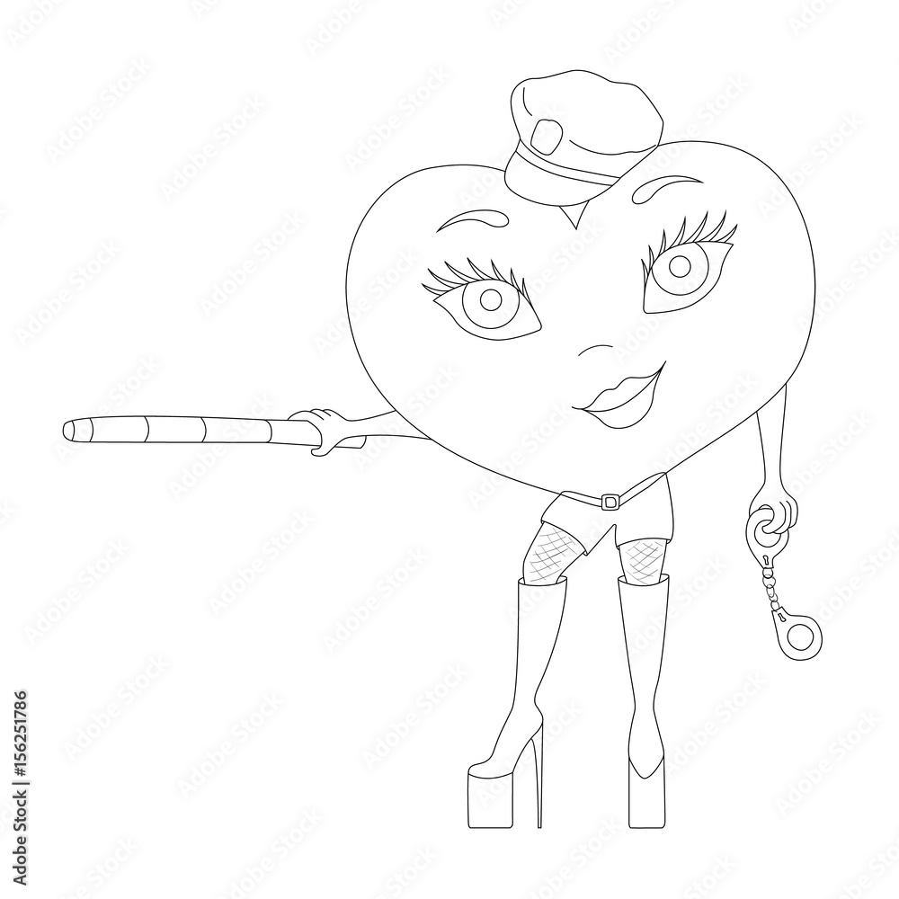 Fototapeta premium Outline cartoon heart in a sexy police suit with a baton and handcuffs in hands and black lacquered boots on a platform