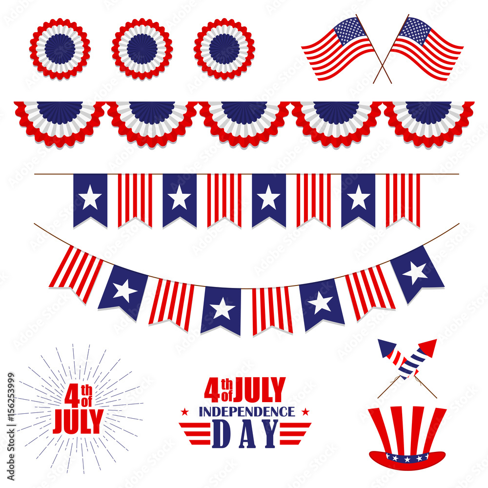 Vector set of decoration for 4th of July. Bunting for USA Independence Day.  Isolated on white. Stock Vector | Adobe Stock