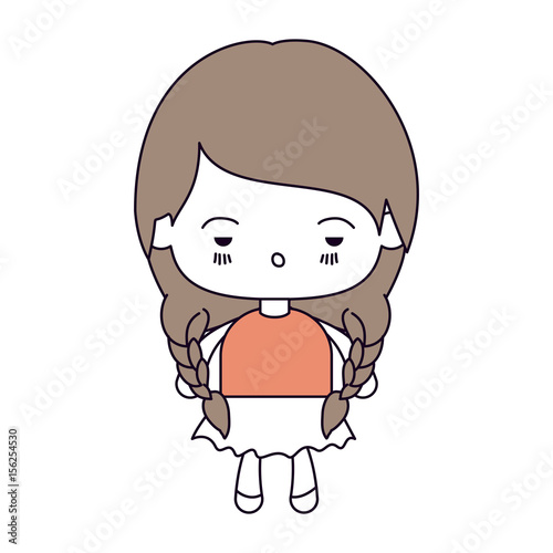 silhouette color sections and light brown hair of kawaii little girl with braided hair and facial expression depressed vector illustration