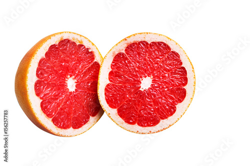 Halves of grapefruit  red  ripe  top view isolated on white. Copy space.