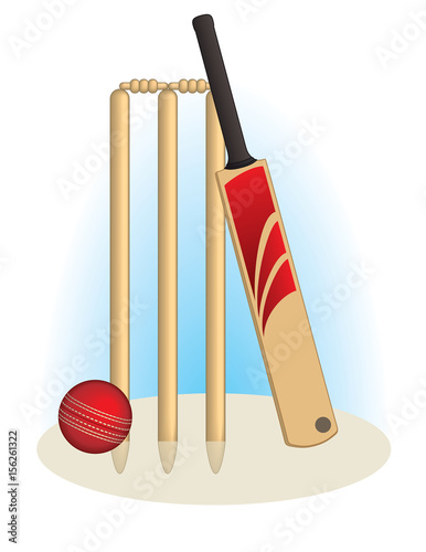 cricket ball with cricket bat and wicket