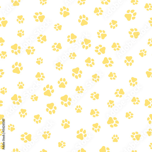 A pattern of canine tracks of different sizes. The dog tracks are yellow on a white background. Vector illustration in a flat style