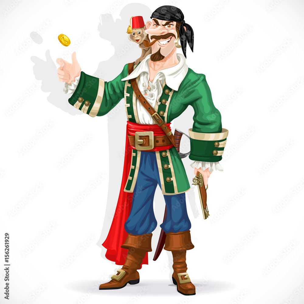 Cute pirate with monkey throw up golden coin