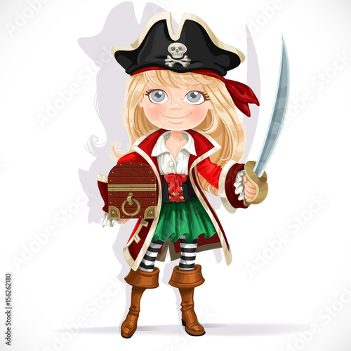 Cute pirate girl with cutlass and treasure chest isolated on a w