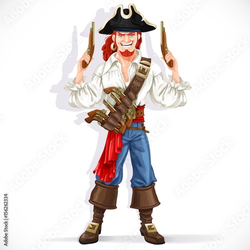 Brave pirate with pistols in hands isolated on a white background