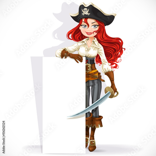 Cute pirate girl hold big vertical banner isolated on a white background