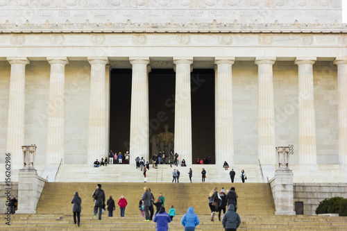 Grand ceremonial approach up towards the historic central hall of the Lincoln Memorial, National Mall, Washington DC