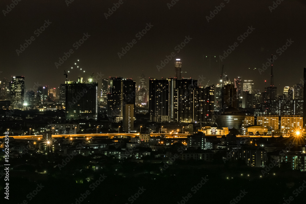 High angle view of city scape at night