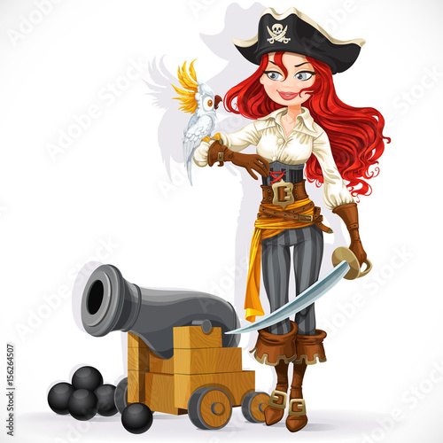 Cute pirate girl with parrot and cannonry isolated on a white background