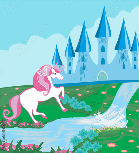 Fairytale landscape with magic castle and beautiful unicorn