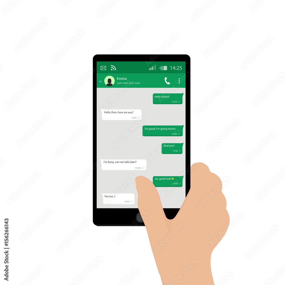 Hand holding mobile phone. Vector illustration. Social network concept. Vector. Messenger window. Chating and messaging concept. Green chat boxes. Hand holding mobile phone. Vector illustration. Social network concept. Vector. Messenger window. Chating and messaging concept. Green chat boxes.
