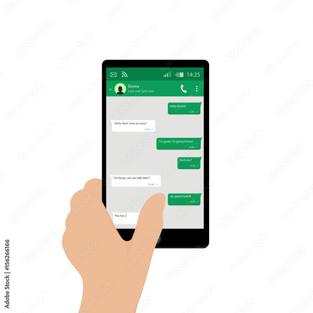 Hand holding mobile phone. Vector illustration. Social network concept. Vector. Messenger window. Chating and messaging concept. Green chat boxes. Hand holding mobile phone. Vector illustration. Social network concept. Vector. Messenger window. Chating and messaging concept. Green chat boxes.
