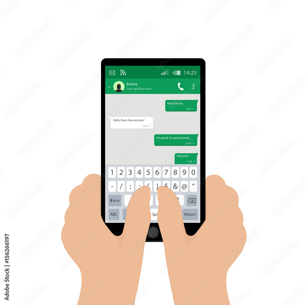 Hand holding mobile phone. Vector illustration. Social network concept. Vector. Messenger window. Chating and messaging concept. Green chat boxes.