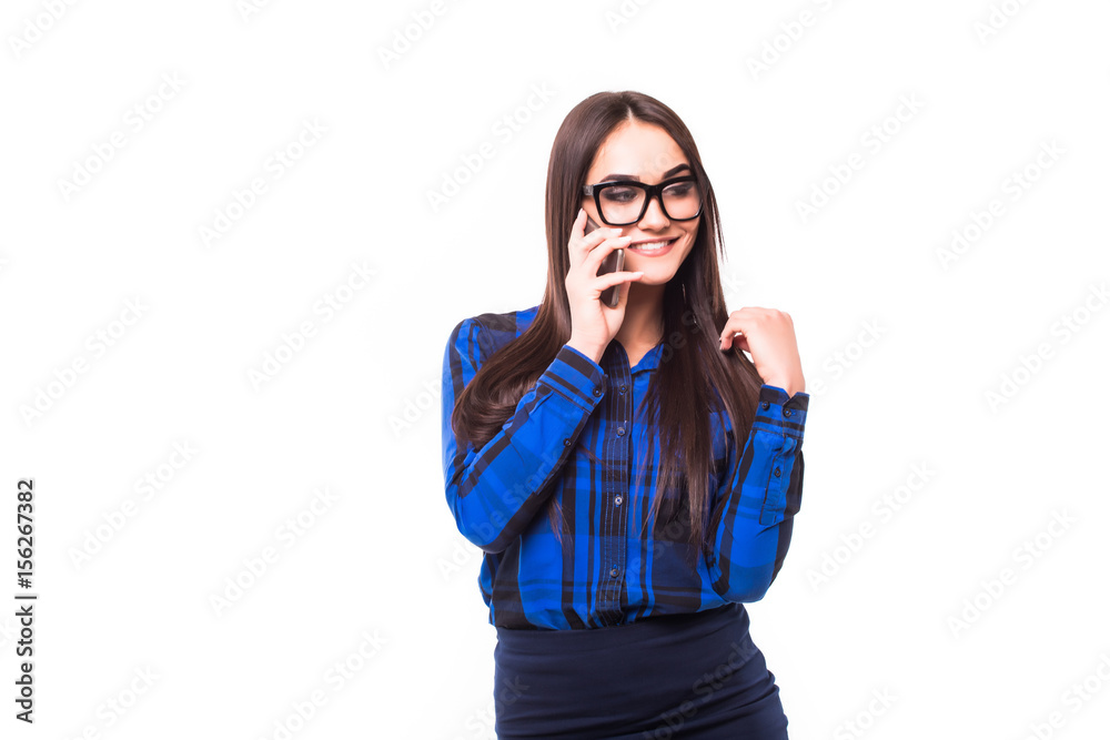 Happy smiling successful businesswoman with cell phone, isolated on white background