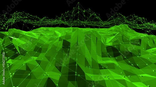 Green low poly background vibrating. Abstract low poly surface as beauteous background in stylish low poly design. Polygonal mosaic background with vertex, spikes. Nice modern 3D design.