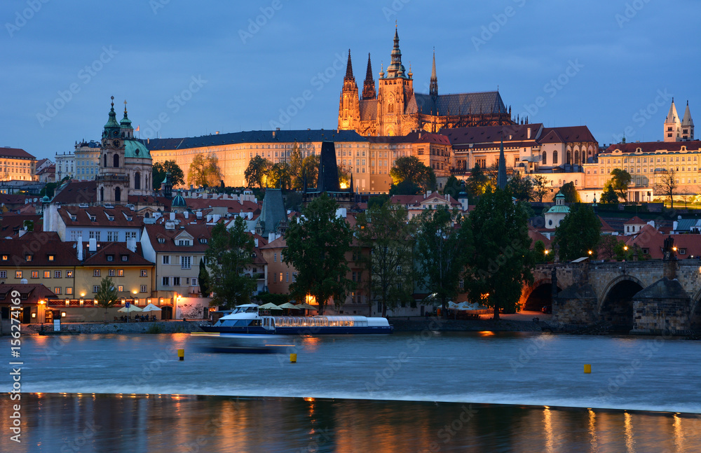 Evening view of Vltava river and Prague Castle Evening view of Vltava river and Prague Castle