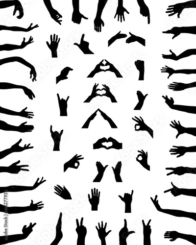 Black silhouettes of hands in various positions, vector