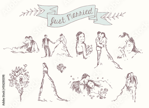 Drawn set bride groom decoration invitation vector