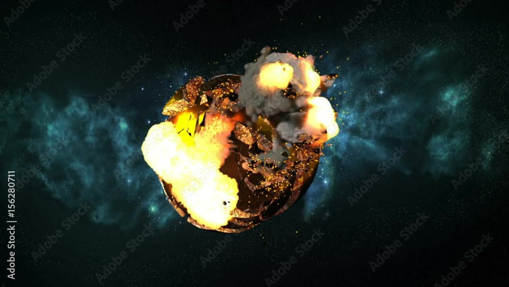 Planet Earth is hit by an asteroid and explodes with large debris, fire flames, smoke and magma. Comes with the Alpha Matte.